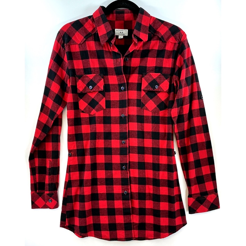 Women's Red Black Buffalo Plaid Flannel Long Button Shirt S Christmas Lumberjack